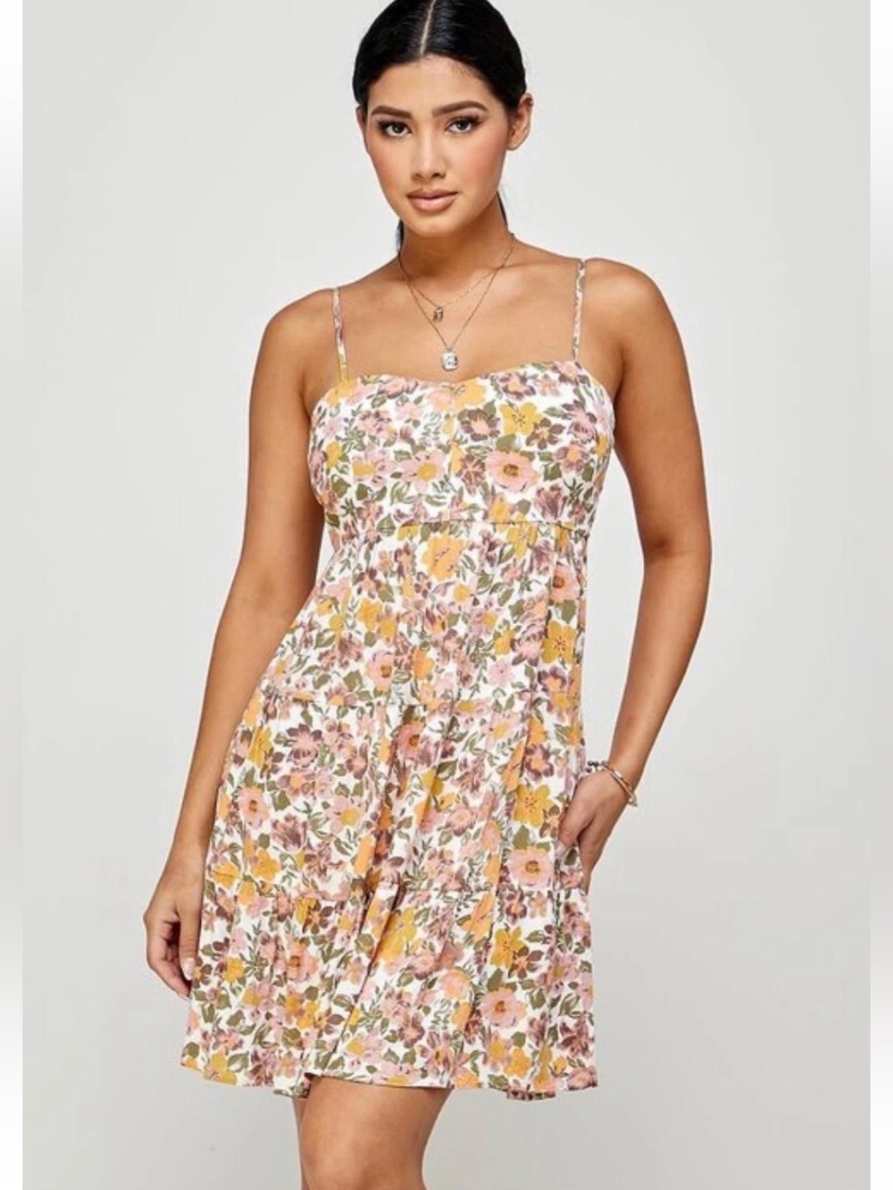 Floral Spaghetti Strap Sundress - Pink & Yellow